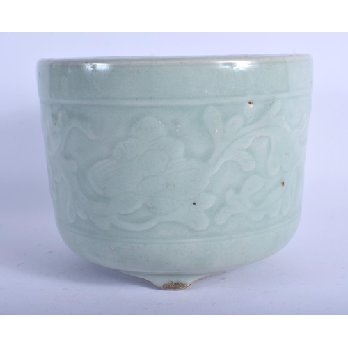 1096 - A 19TH CENTURY CHINESE CELADON PORCELAIN JARDINIERE Qing, decorated with foliage. 18 cm x 13 cm.