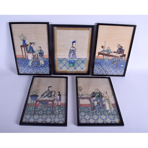 1097 - A GOOD SET OF FIVE 19TH CENTURY CHINESE PITH PAPER WATERCOLOURS Qing, formed with figures in interio... 