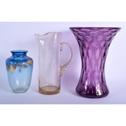 11 - A CANADIAN ART GLASS VASE together with a large vase & jug. Largest 28 cm high. (3)