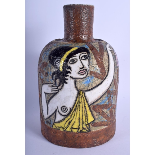 110 - A RETRO CONTINENTAL TIN GLAZED POTTERY VASE painted with a female with breast exposed. 23 cm x 12 cm... 