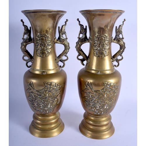 1101 - A LARGE PAIR OF 19TH CENTURY JAPANESE MEIJI PERIOD BRONZE VASES decorated with birds and flowers. 33... 