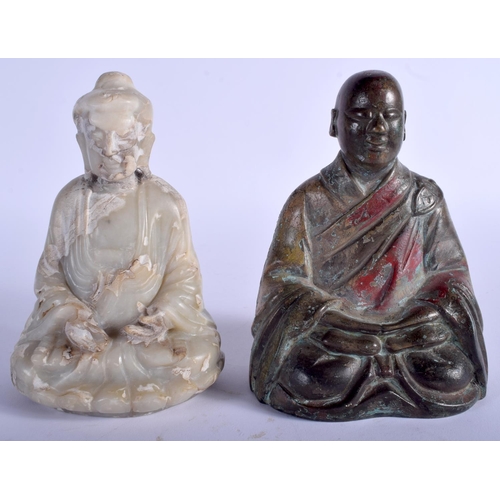 1104 - A 19TH CENTURY CHINESE JADE FIGURE OF A BUDDHA Qing, together with a similar bronze buddha. 15 cm x ... 