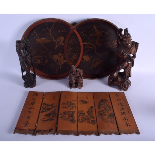 1107 - A 19TH CENTURY CHINESE HARDWOOD FIGURE OF A BUDDHA together with two others, a tray & a screen. Larg... 