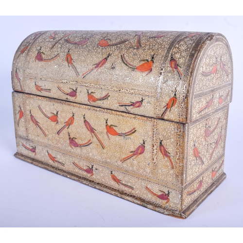 486 - A 19TH CENTURY KASHMIR INDIAN STATIONARY BOX painted with birds. 24 cm wide.