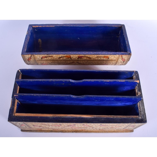 486 - A 19TH CENTURY KASHMIR INDIAN STATIONARY BOX painted with birds. 24 cm wide.