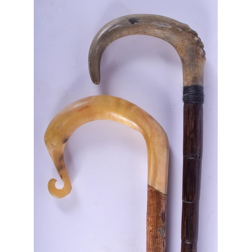 490 - A 19TH CENTURY CARVED RHINOCEROS HORN WALKING CANE together with another. 88 cm long. (2)