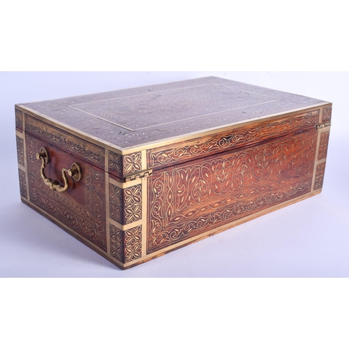 496 - A FINE LARGE 19TH CENTURY INDIAN BRASS INLAID WORK BOX with unusual glass topped cover and bone fitt... 