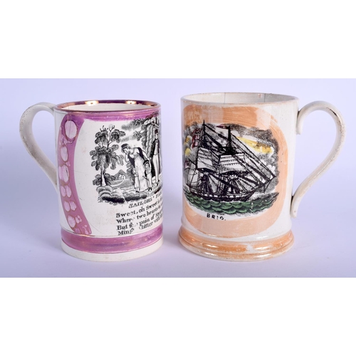 112 - TWO EARLY 19TH CENTURY STAFFORDSHIRE LUSTRE FROG MUGS printed with Sailors Farewell & Brig. Largest ... 