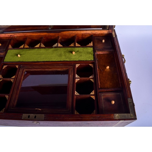 496 - A FINE LARGE 19TH CENTURY INDIAN BRASS INLAID WORK BOX with unusual glass topped cover and bone fitt... 