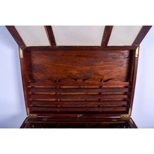 496 - A FINE LARGE 19TH CENTURY INDIAN BRASS INLAID WORK BOX with unusual glass topped cover and bone fitt... 