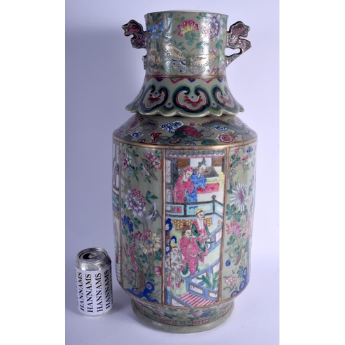 1123 - A LARGE 19TH CENTURY CHINESE FAMILLE ROSE CELADON VASE Qing, painted with figures and birds, 52 cm x... 