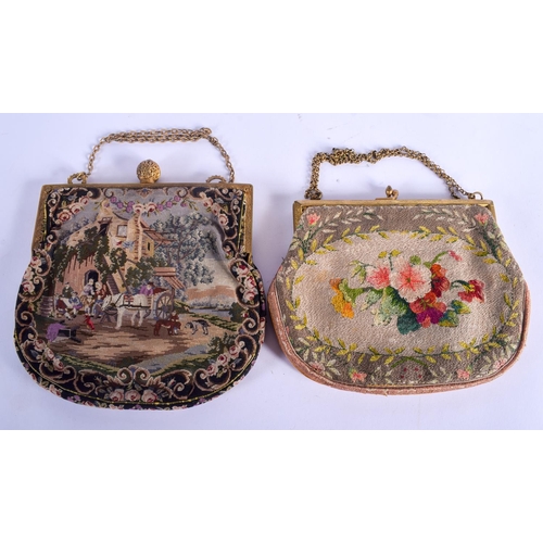 500 - TWO EARLY 20TH CENTURY AUBUSSON TYPE EMBROIDERED PURSES. Largest 21 cm x 17 cm. (2)