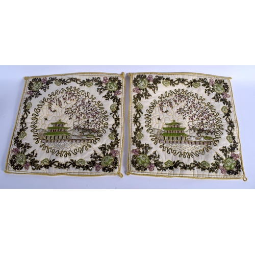 1124 - A PAIR OF CHINESE SILK EMBROIDERED CUSHION COVERS decorated with foliage and buildings. 36 cm x 42 c... 