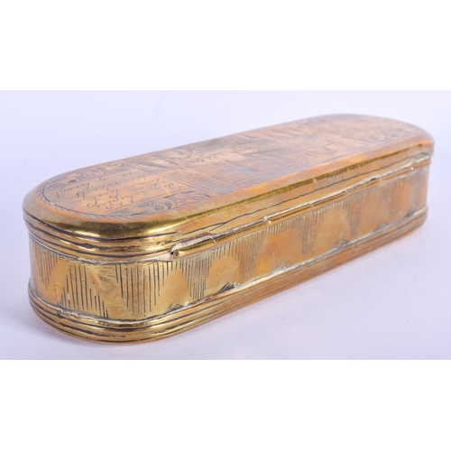 501 - AN 18TH CENTURY DUTCH BRASS SNUFF BOX decorated with figures and landscapes. 16 cm x 6 cm.