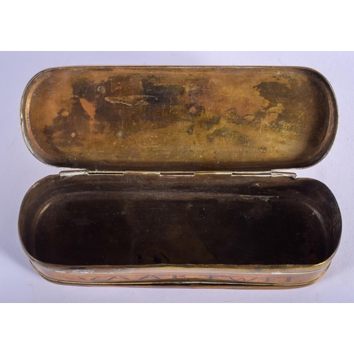 501 - AN 18TH CENTURY DUTCH BRASS SNUFF BOX decorated with figures and landscapes. 16 cm x 6 cm.