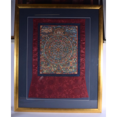 1126 - A 19TH CENTURY CHINESE SINO TIBETAN EMBROIDERED SILK THANGKA painted with Buddhistic figures. Thangk... 