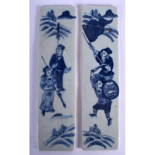 1127 - A PAIR OF 19TH CENTURY CHINESE BLUE AND WHITE PORCELAIN TILES Qing. 24 cm x 6.5 cm.