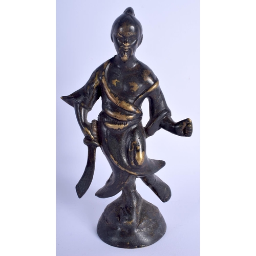 1131 - A 19TH CENTURY JAPANESE MEIJI PERIOD BRONZE OKIMONO modelled holding a sword. 19 cm high.