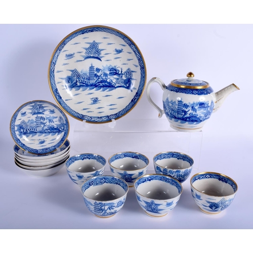 53 - AN EARLY 19TH CENTURY ENGLISH PEARLWARE TEASET painted with landscapes. Largest 24 cm wide. (14)