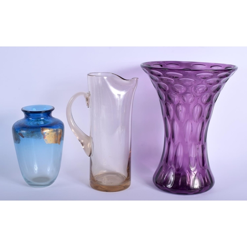 11 - A CANADIAN ART GLASS VASE together with a large vase & jug. Largest 28 cm high. (3)