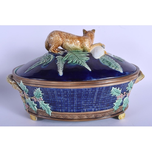 116 - AN ANTIQUE ENGLISH MAJOLICA FOX AND DUCK TUREEN AND COVER probably George Jones or Minton. 30 cm x 2... 