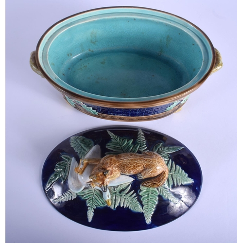 116 - AN ANTIQUE ENGLISH MAJOLICA FOX AND DUCK TUREEN AND COVER probably George Jones or Minton. 30 cm x 2... 