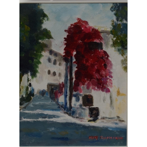 542 - Miss Mary Buchanan (20th Century) Oil on board, Street scene. Image 24 cm x 18 cm.