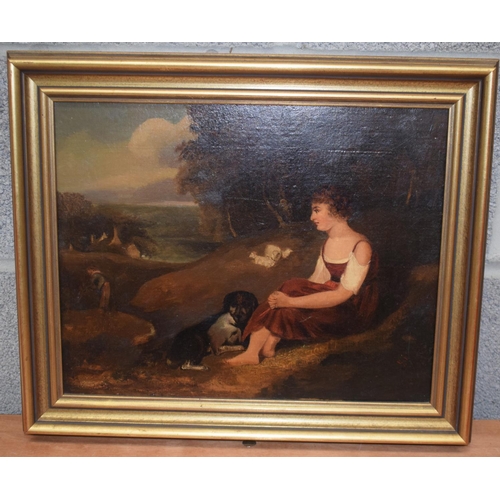 544 - English School (18th Century) Oil on board, Girl in red with her hound. Image 36 cm x 29 cm.