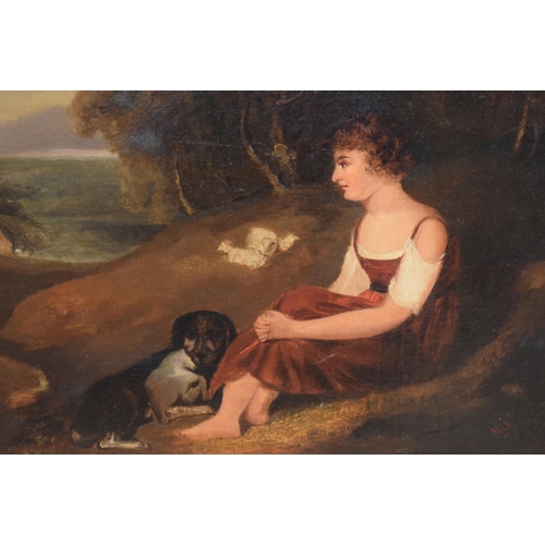 544 - English School (18th Century) Oil on board, Girl in red with her hound. Image 36 cm x 29 cm.