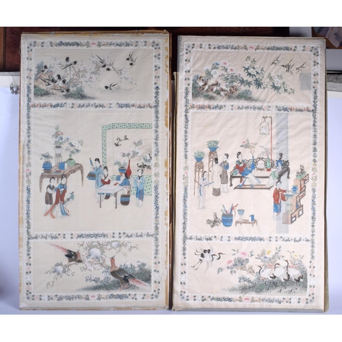 1182 - A LARGE PAIR OF 19TH CENTURY CHINESE PAINTED SILK PANELS Qing, depicting figures and birds in variou... 