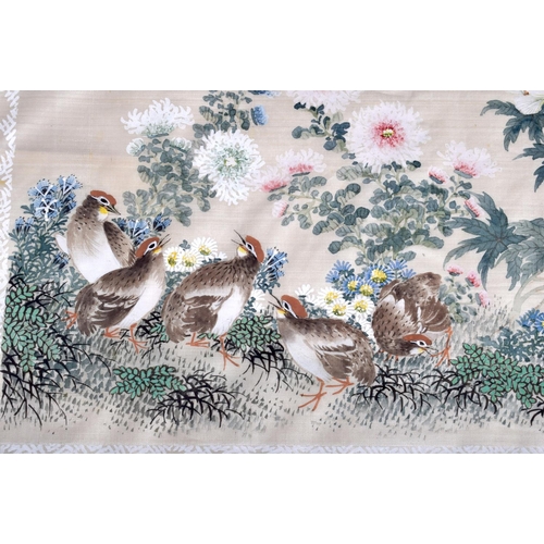 1182 - A LARGE PAIR OF 19TH CENTURY CHINESE PAINTED SILK PANELS Qing, depicting figures and birds in variou... 