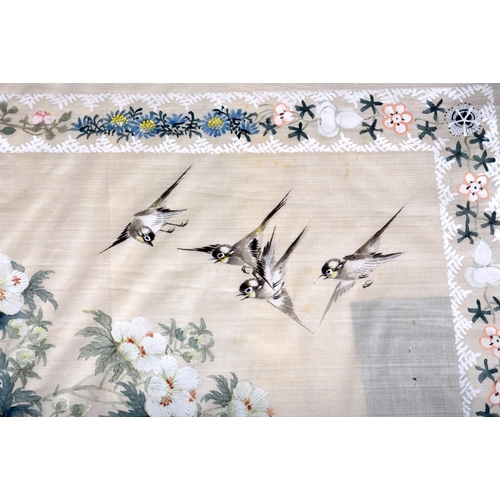 1182 - A LARGE PAIR OF 19TH CENTURY CHINESE PAINTED SILK PANELS Qing, depicting figures and birds in variou... 