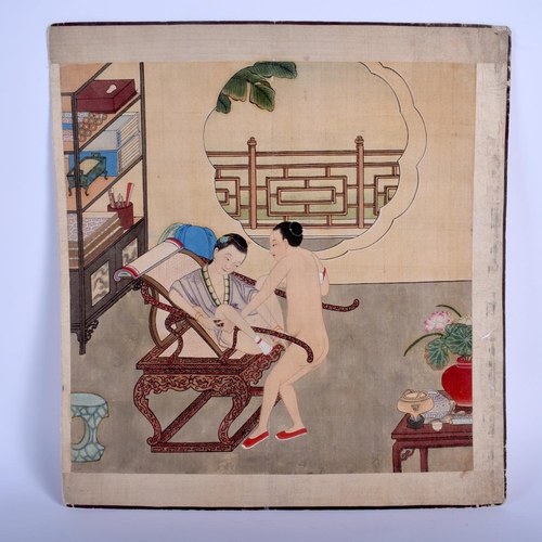 1192 - AN 18TH CENTURY CHINESE PAINTED EROTIC WATERCOLOUR PANEL Qing, depicting a figure performing lewd ac... 