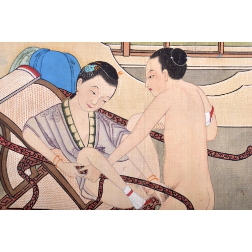 1192 - AN 18TH CENTURY CHINESE PAINTED EROTIC WATERCOLOUR PANEL Qing, depicting a figure performing lewd ac... 