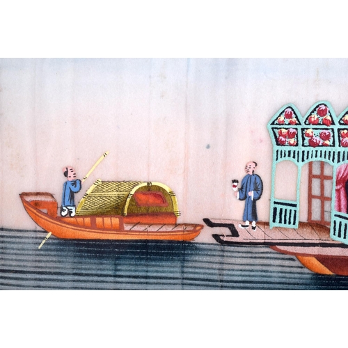 1197 - A LARGE 19TH CENTURY CHINESE PAINTED PITH PAPER WATERCOLOUR Qing, depicting a boat. Image 32 cm x 18... 