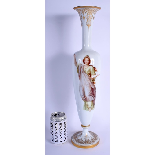 12 - A LARGE 19TH CENTURY BOHEMIAN ENAMELLED OPALINE GLASS VASE painted with a classical figure in flight... 