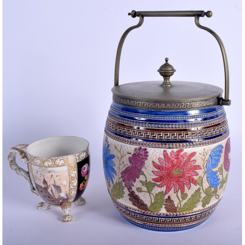 58 - A VICTORIAN AESTHETIC MOVEMENT BISCUIT BARREL together with a Meissen style cup. 23 cm high inc hand... 