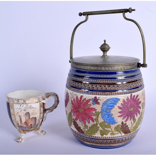 58 - A VICTORIAN AESTHETIC MOVEMENT BISCUIT BARREL together with a Meissen style cup. 23 cm high inc hand... 