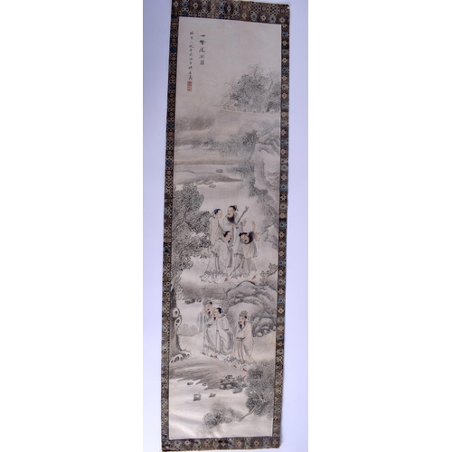 1202 - A 19TH CENTURY CHINESE PAINTED PITH PAPER WATERCOLOUR Qing, depicting seven scholars within a landsc... 