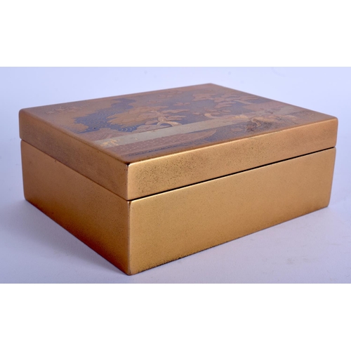 1206 - A 19TH CENTURY JAPANESE MEIJI PERIOD GOLD LACQUERED BOX AND COVER decorated with landscapes. 13 cm x... 