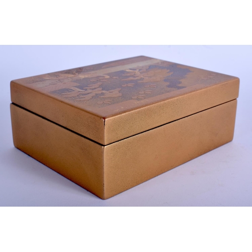 1206 - A 19TH CENTURY JAPANESE MEIJI PERIOD GOLD LACQUERED BOX AND COVER decorated with landscapes. 13 cm x... 