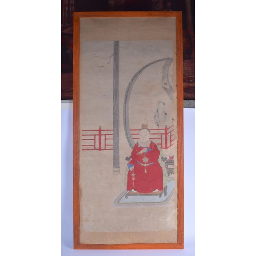 1209 - A LARGE 19TH CENTURY CHINESE PAINTED WATERCOLOUR Qing, depicting a seated scholar within a red fence... 