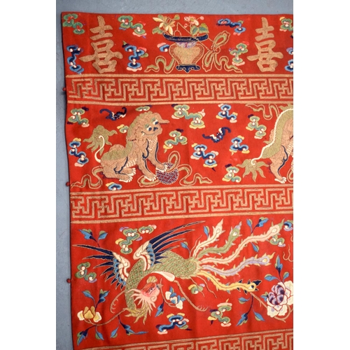 1210 - A LOVELY LARGE 19TH CENTURY CHINESE SILK WOOLWORK EMBROIDERED PANEL Qing, depicting dragons, phoenix... 