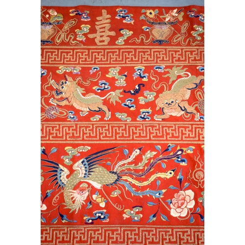 1210 - A LOVELY LARGE 19TH CENTURY CHINESE SILK WOOLWORK EMBROIDERED PANEL Qing, depicting dragons, phoenix... 