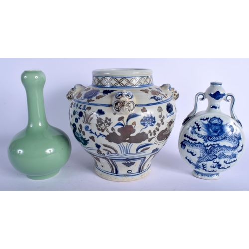 1212 - A CHINESE BLUE AND WHITE PORCELAIN MOON FLASK 20th Century, together with a ming style jar & a celad... 