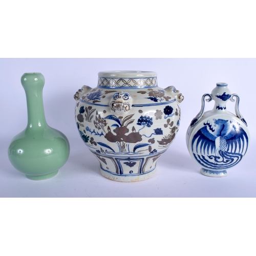 1212 - A CHINESE BLUE AND WHITE PORCELAIN MOON FLASK 20th Century, together with a ming style jar & a celad... 