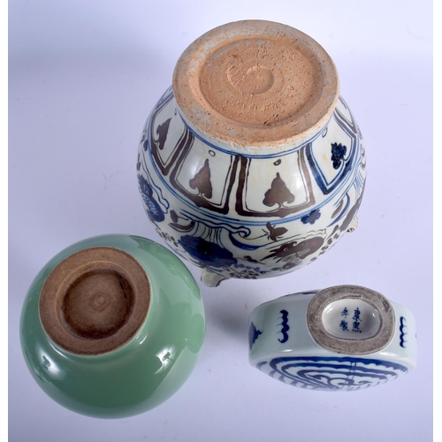 1212 - A CHINESE BLUE AND WHITE PORCELAIN MOON FLASK 20th Century, together with a ming style jar & a celad... 