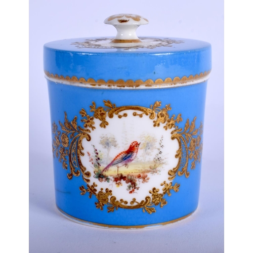 124 - A 19TH CENTURY EUROPEAN PORCELAIN BLUE GLAZED PRESERVE JAR AND COVER Sevres style, painted with bird... 