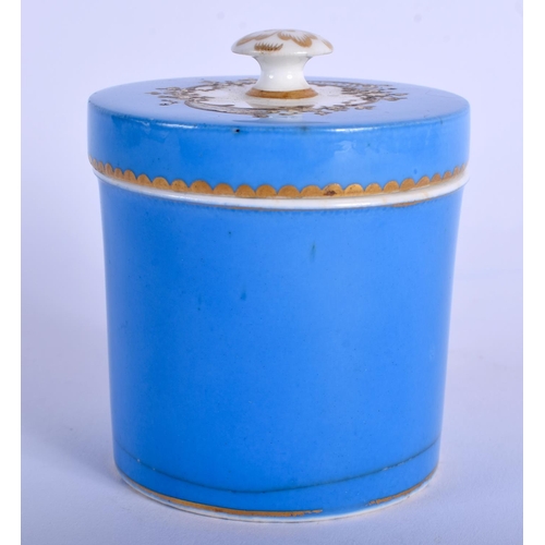 124 - A 19TH CENTURY EUROPEAN PORCELAIN BLUE GLAZED PRESERVE JAR AND COVER Sevres style, painted with bird... 