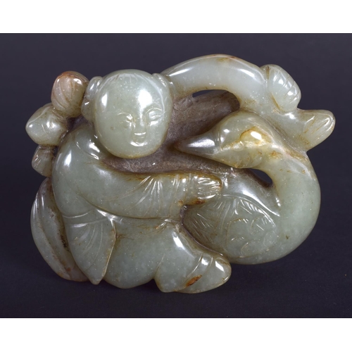 1257 - AN EARLY 20TH CENTURY CHINESE CARVED GREEN JADE BOY AND BIRD Late Qing/Republic. 6.5 cm x 5.5 cm.